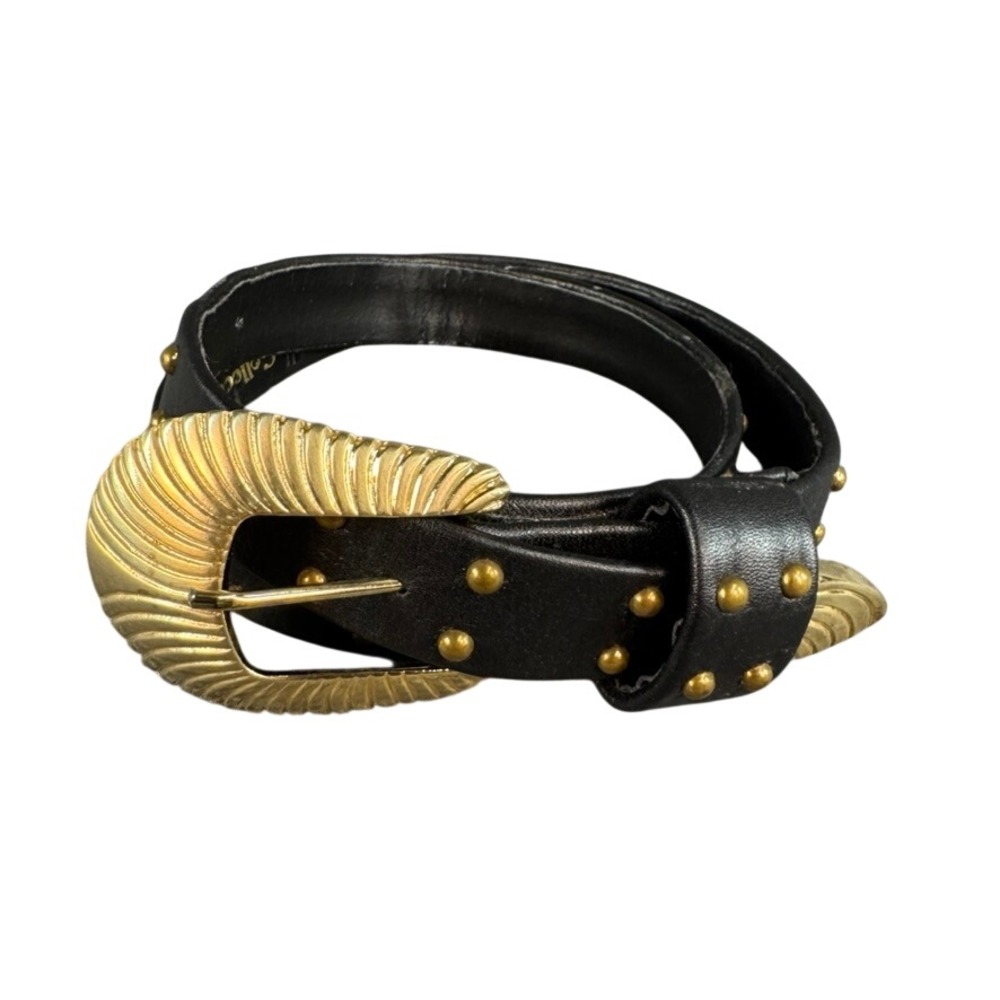 Salenas Collection Vintage Black Leather Western Belt Gold Scalloped Buckle USA